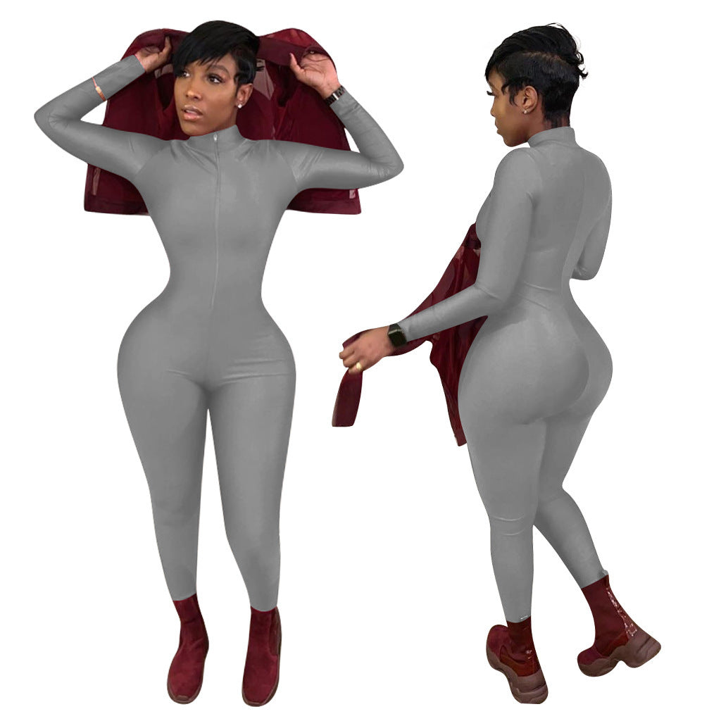 Sexy Solid Color Long Sleeve Deep V Bodycon Rompers Womens Jumpsuit Sport Suit Fashion Zip Up Long Pants Overalls Fitness Set