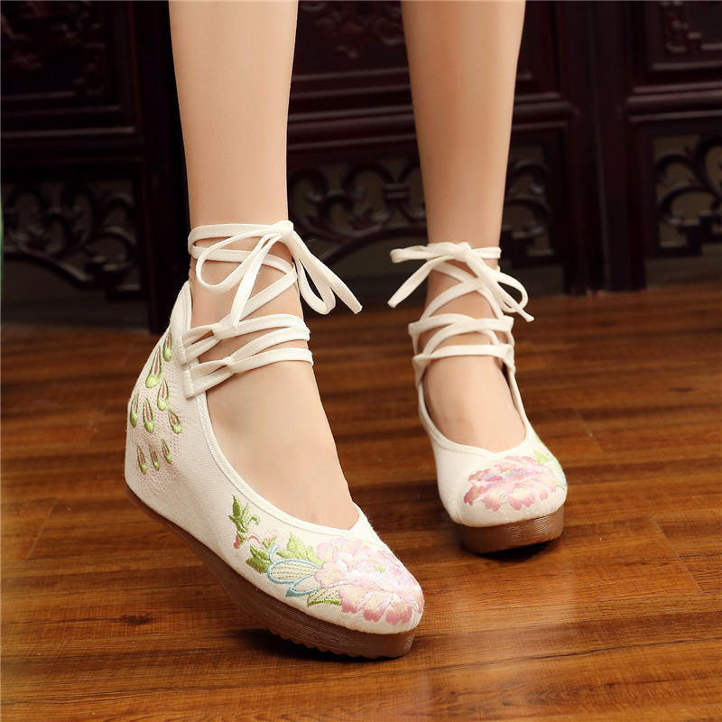 Shoes Women Lace Up Embroidered Shoes With High Slope Style Dancing Shoes Single Cloth Shoes