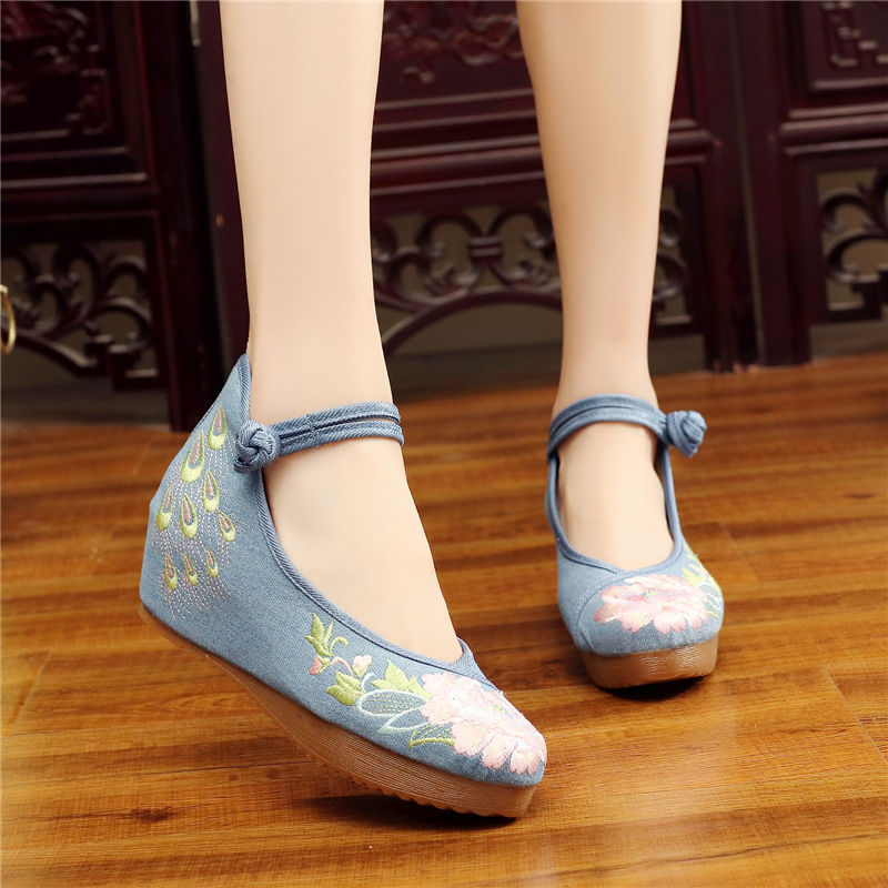 Shoes Women Lace Up Embroidered Shoes With High Slope Style Dancing Shoes Single Cloth Shoes