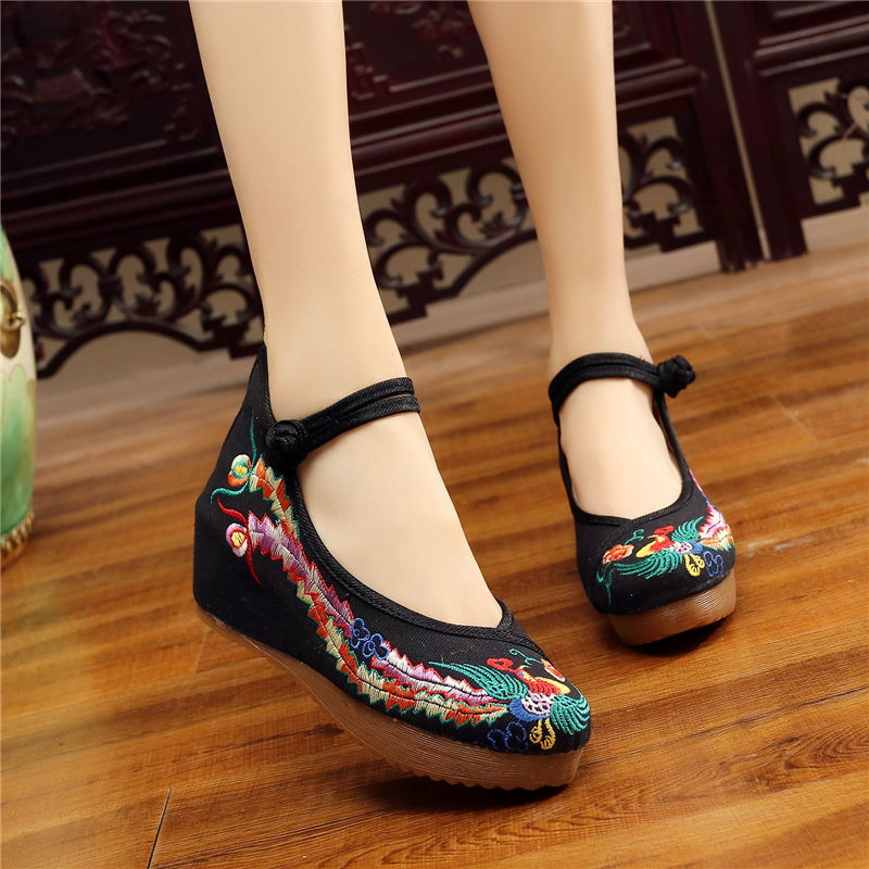 Shoes Women Lace Up Embroidered Shoes With High Slope Style Dancing Shoes Single Cloth Shoes