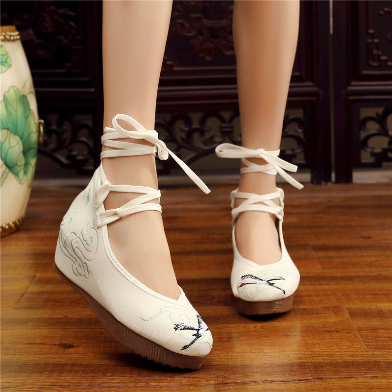 Shoes Women Lace Up Embroidered Shoes With High Slope Style Dancing Shoes Single Cloth Shoes