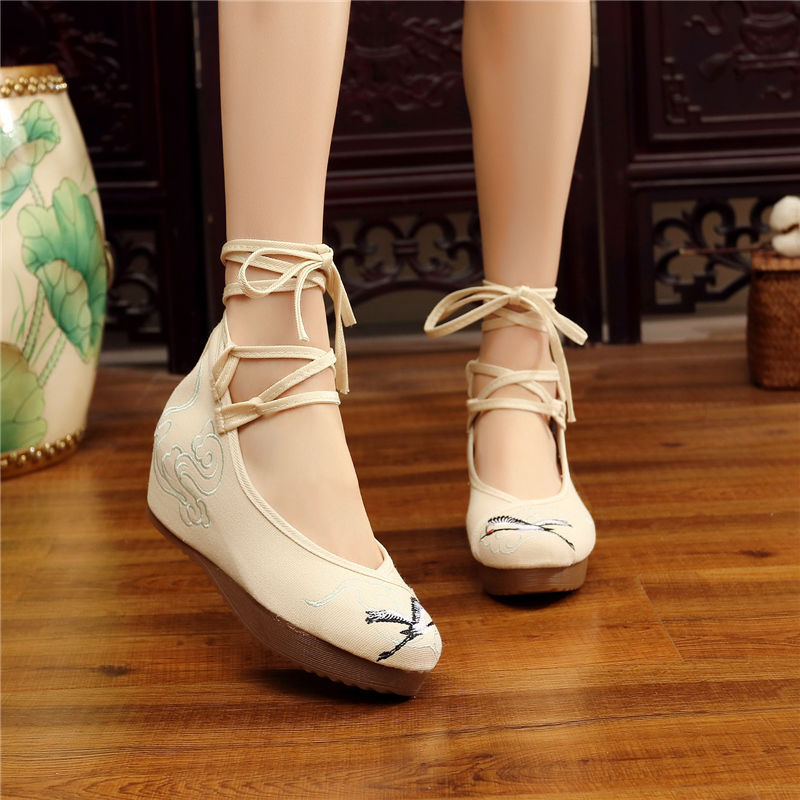 Shoes Women Lace Up Embroidered Shoes With High Slope Style Dancing Shoes Single Cloth Shoes