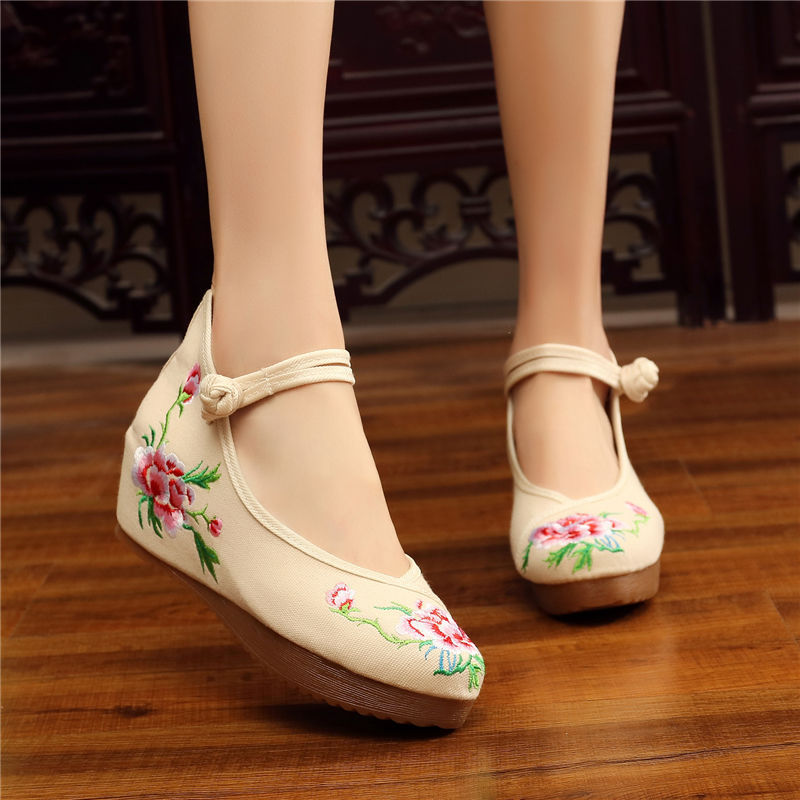 Shoes Women Lace Up Embroidered Shoes With High Slope Style Dancing Shoes Single Cloth Shoes