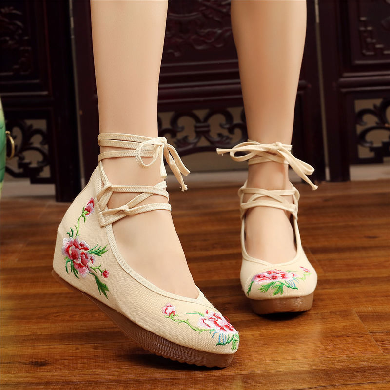 Shoes Women Lace Up Embroidered Shoes With High Slope Style Dancing Shoes Single Cloth Shoes