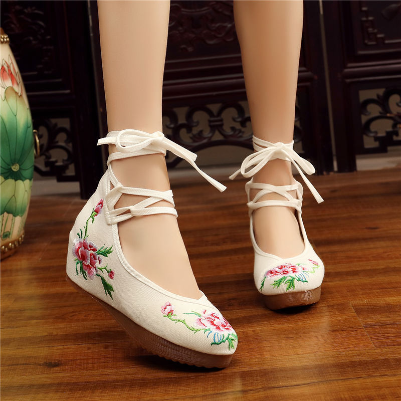 Shoes Women Lace Up Embroidered Shoes With High Slope Style Dancing Shoes Single Cloth Shoes