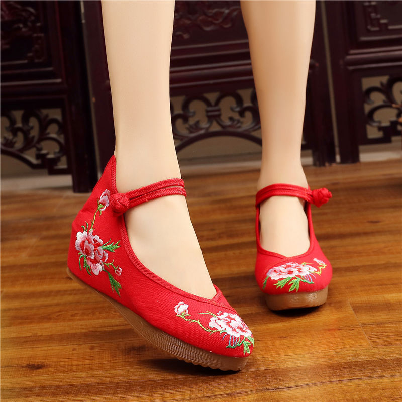 Shoes Women Lace Up Embroidered Shoes With High Slope Style Dancing Shoes Single Cloth Shoes