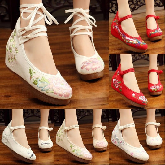 Shoes Women Lace Up Embroidered Shoes With High Slope Style Dancing Shoes Single Cloth Shoes