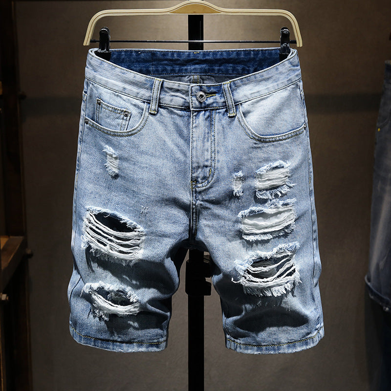 Summer Personality Jeans Shorts Korean Fit Slim Big Hole Fashion Trend 5-cent Jeans Short Pants