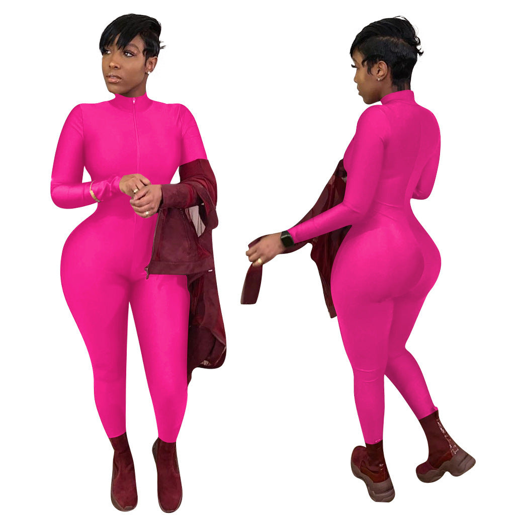 Sexy Solid Color Long Sleeve Deep V Bodycon Rompers Womens Jumpsuit Sport Suit Fashion Zip Up Long Pants Overalls Fitness Set