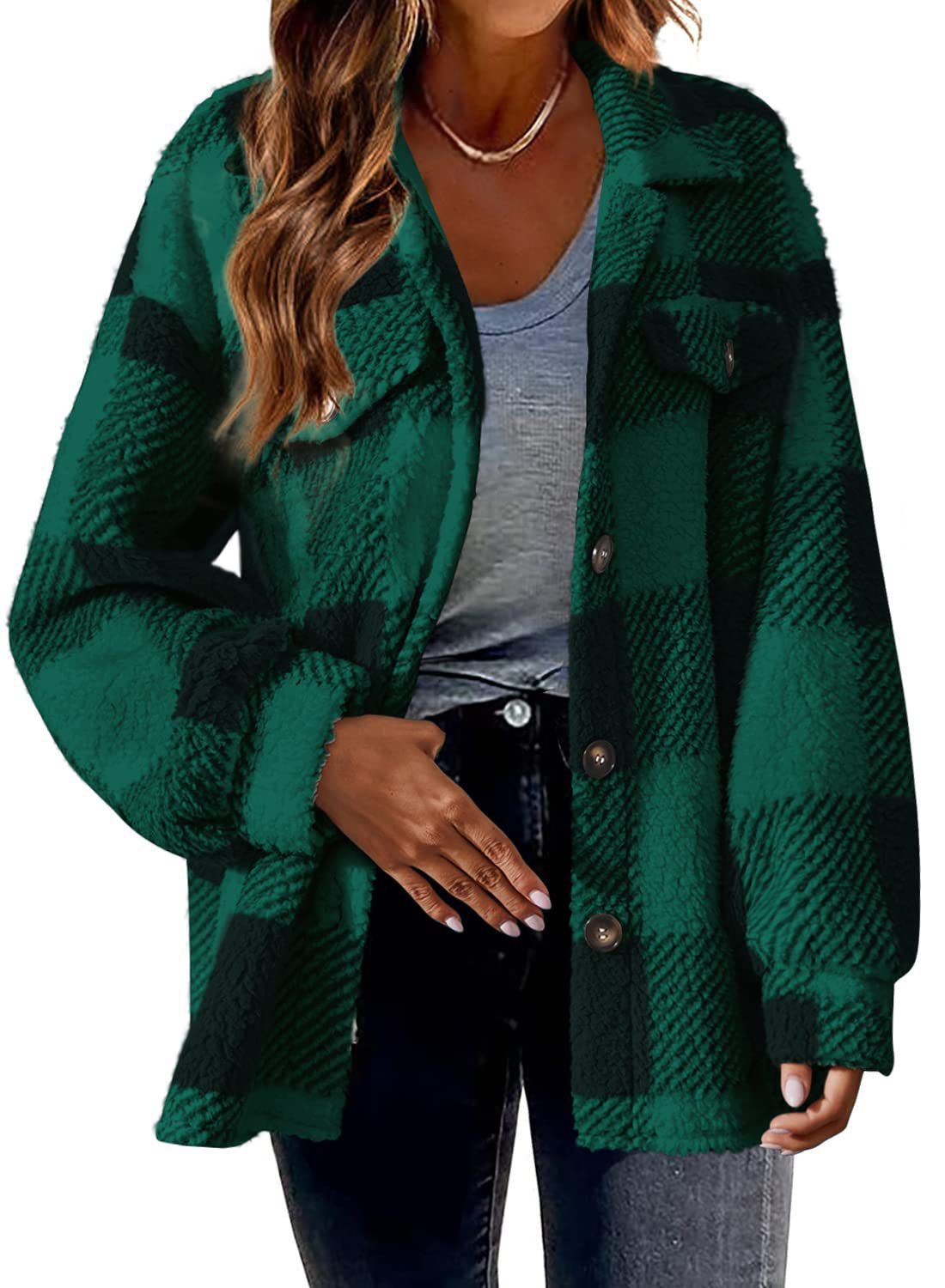 Turndown Collar Plaid Jacket With Pockets Single Breasted Button Down Woolen Jacket Autumn And Winter Clothes For Women