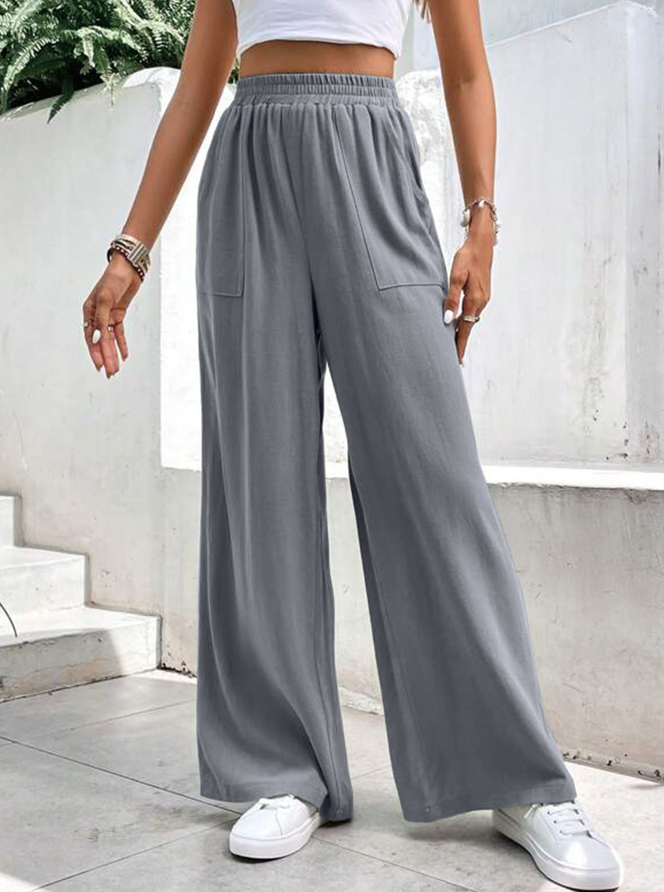 Women Middle-waisted Straight-leg Pants Loose Sports Pocket Casual Trousers