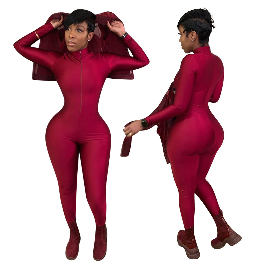 Sexy Solid Color Long Sleeve Deep V Bodycon Rompers Womens Jumpsuit Sport Suit Fashion Zip Up Long Pants Overalls Fitness Set