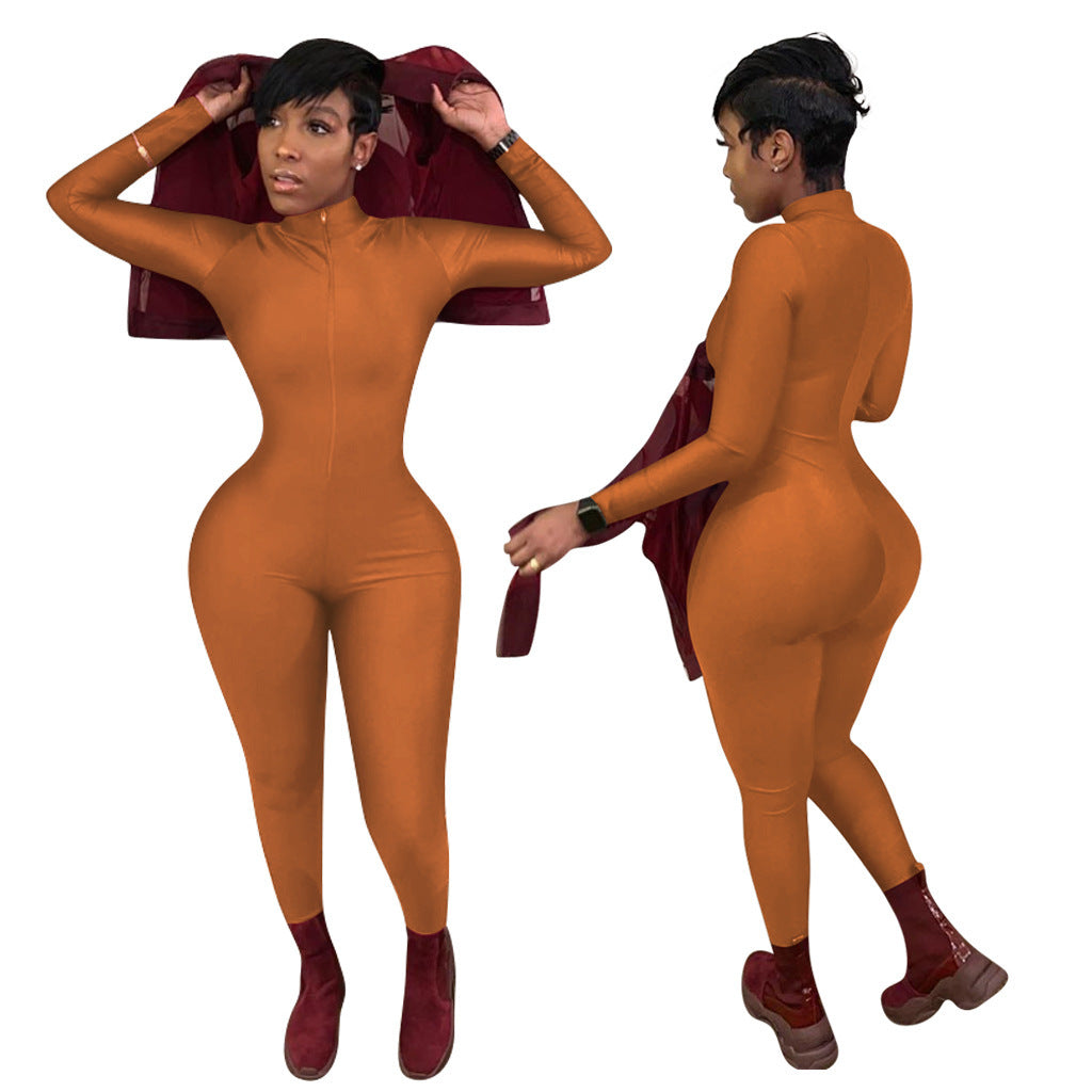 Sexy Solid Color Long Sleeve Deep V Bodycon Rompers Womens Jumpsuit Sport Suit Fashion Zip Up Long Pants Overalls Fitness Set