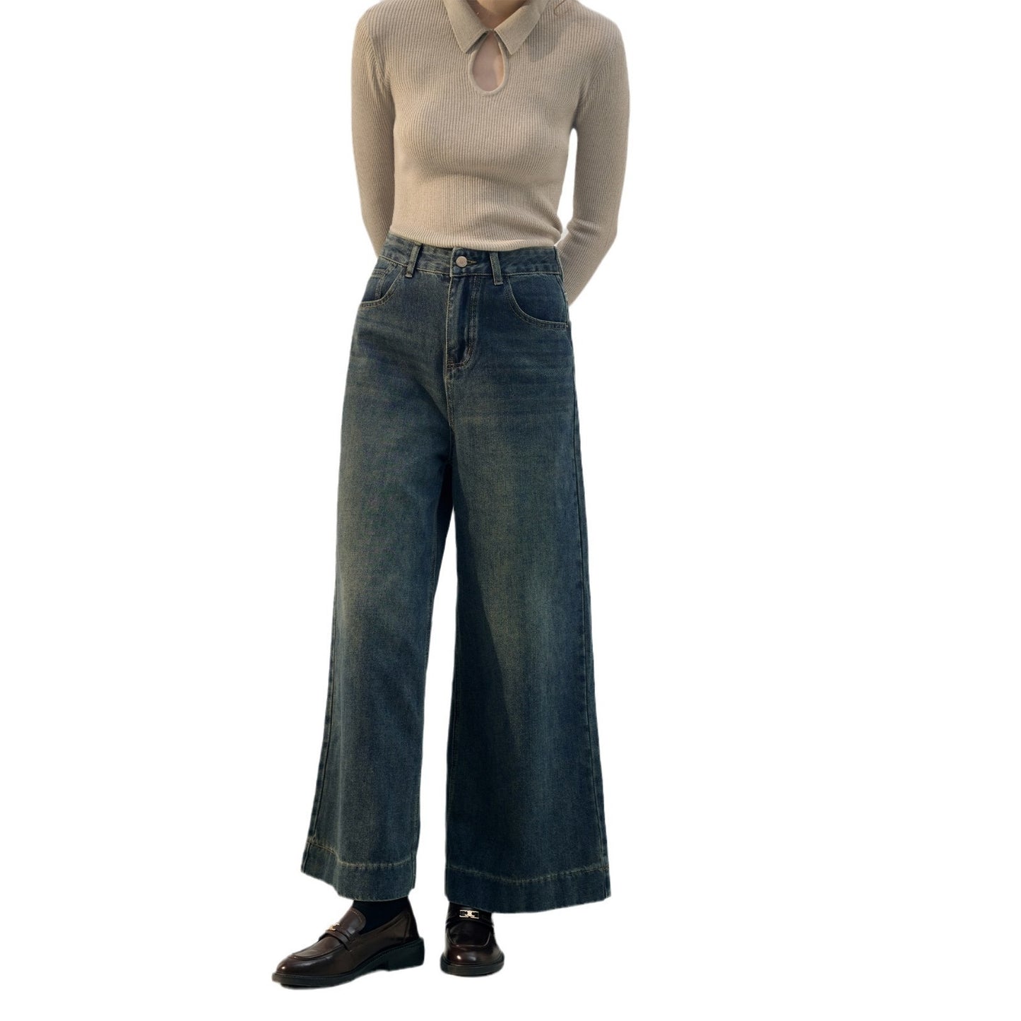 Retro Style High Waist Jeans Women's Pocket