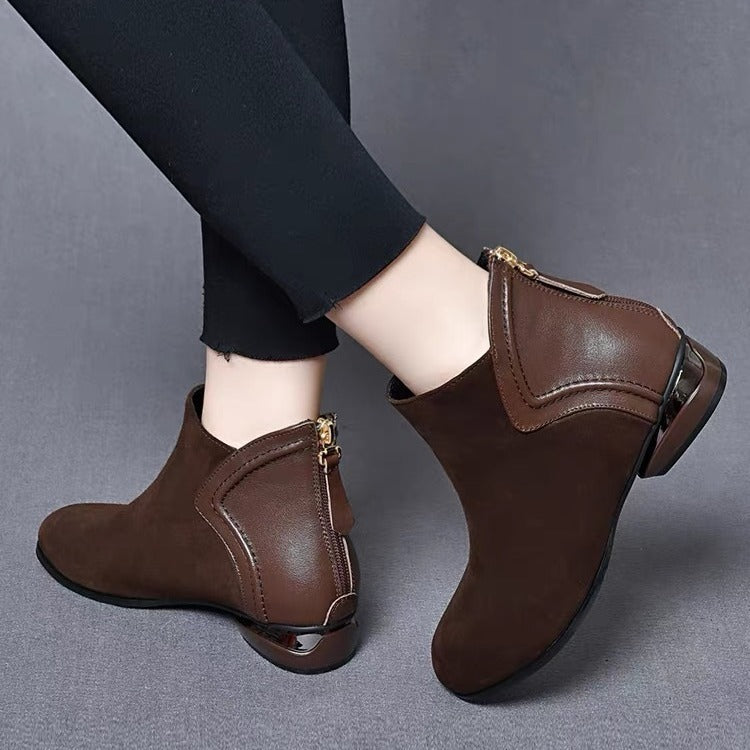 Soft Leather And Velvet Frosted Round Toe Low Heel Ankle Boots