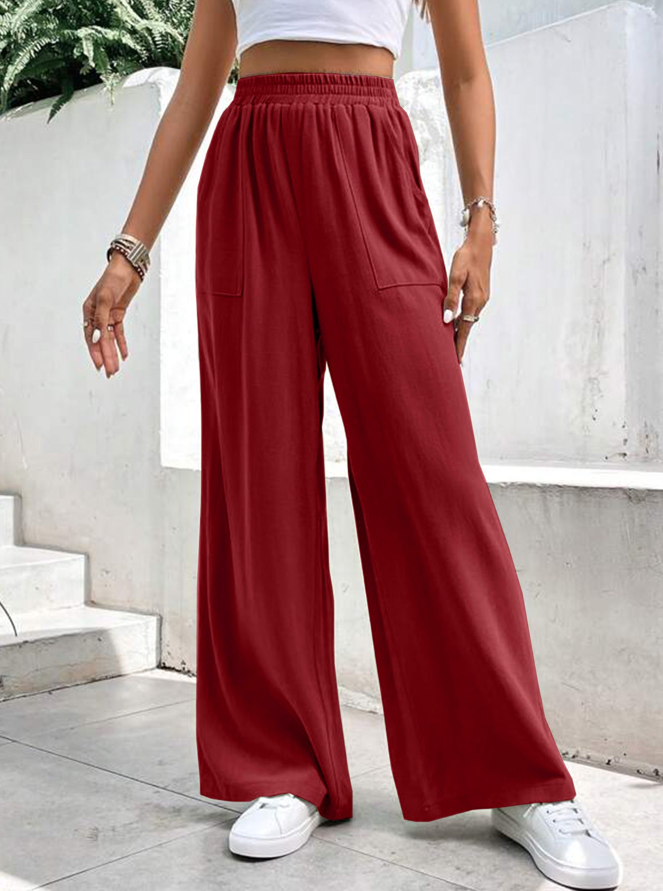 Women Middle-waisted Straight-leg Pants Loose Sports Pocket Casual Trousers