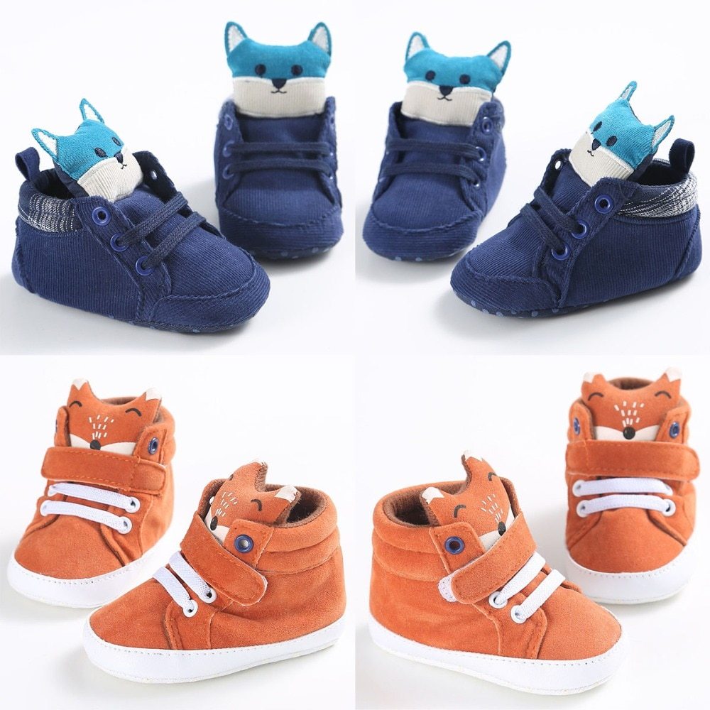 Puseky New Baby Boy Girls Shoes Cute Cartoon Bear Fox First Walkers Canvas Sneaker Anti-slip Soft Sole Toddler Shoes Footwear