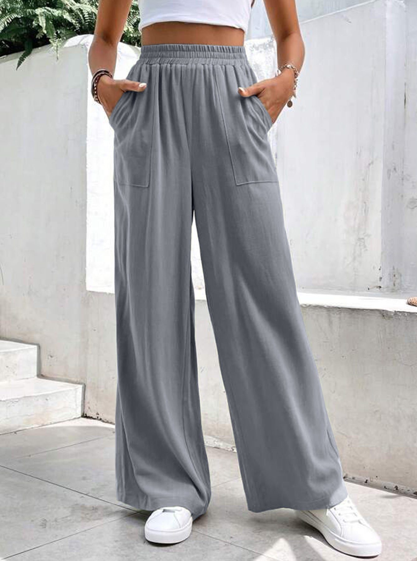 Women Middle-waisted Straight-leg Pants Loose Sports Pocket Casual Trousers