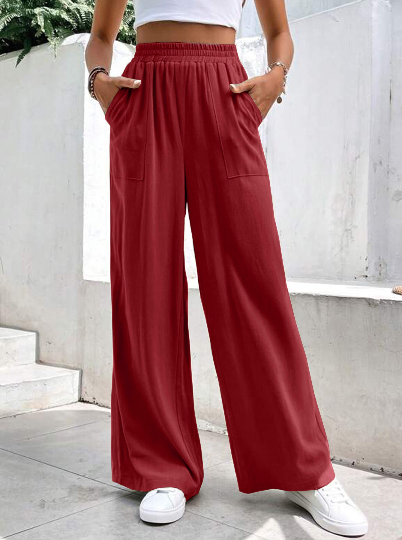 Women Middle-waisted Straight-leg Pants Loose Sports Pocket Casual Trousers