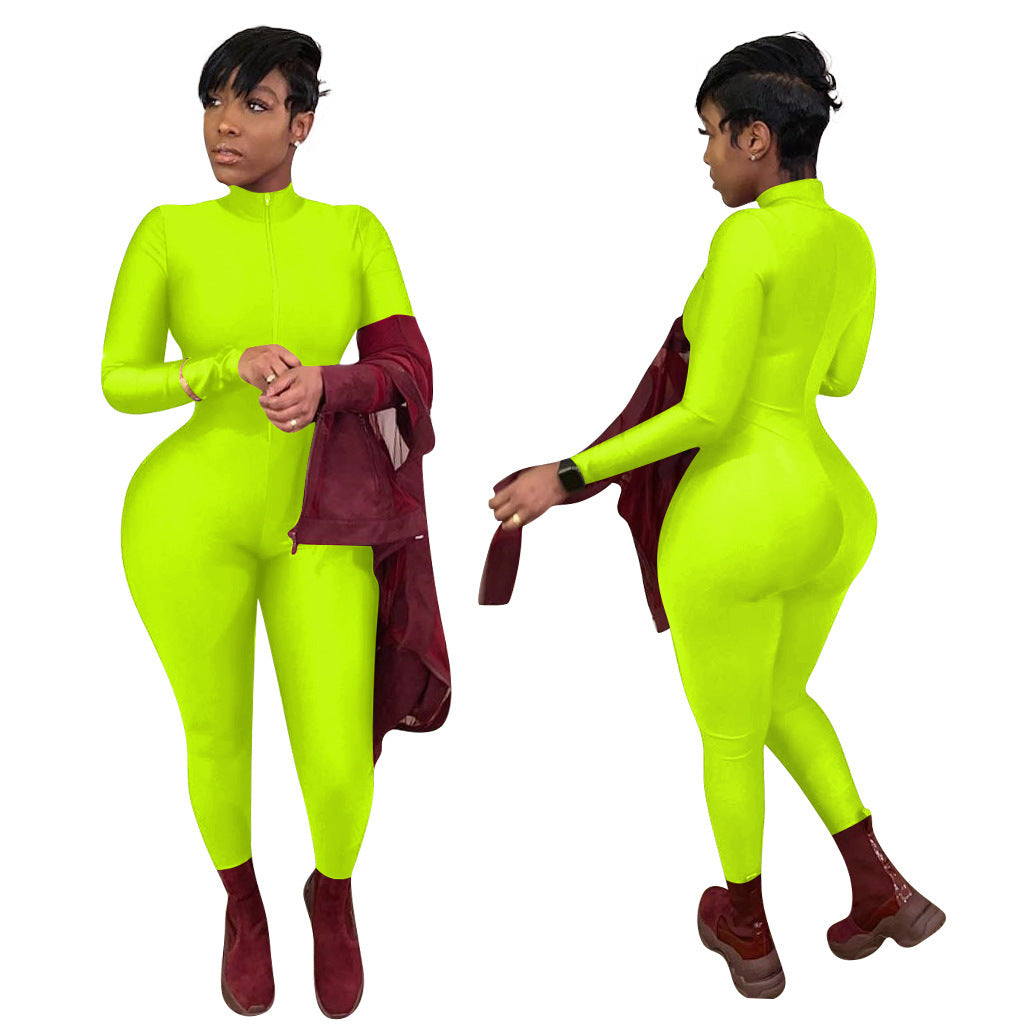 Sexy Solid Color Long Sleeve Deep V Bodycon Rompers Womens Jumpsuit Sport Suit Fashion Zip Up Long Pants Overalls Fitness Set