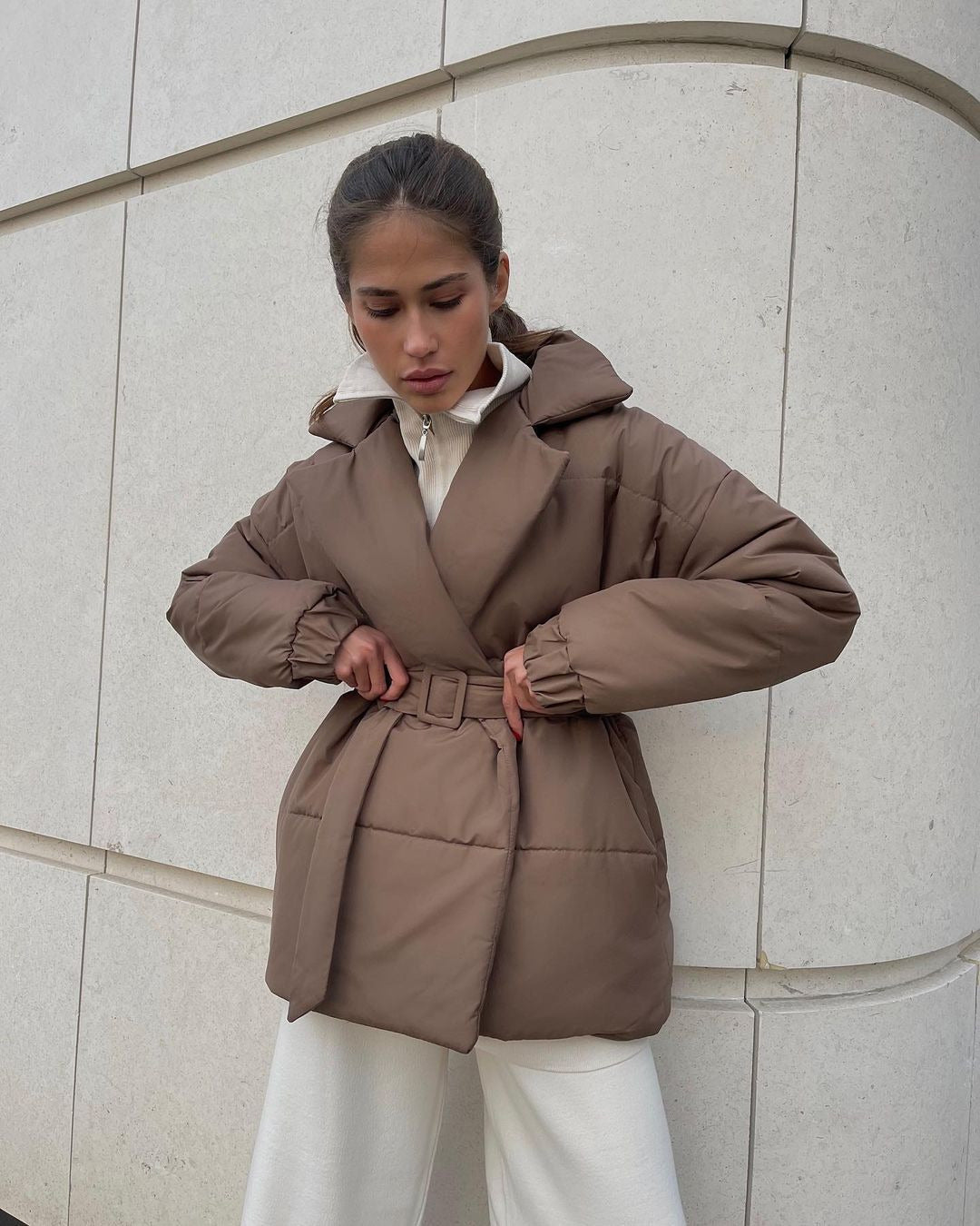 Winter Lapel Waisted Cotton Coat Fashion Solid Color Slim Overcoat Womens Clothing