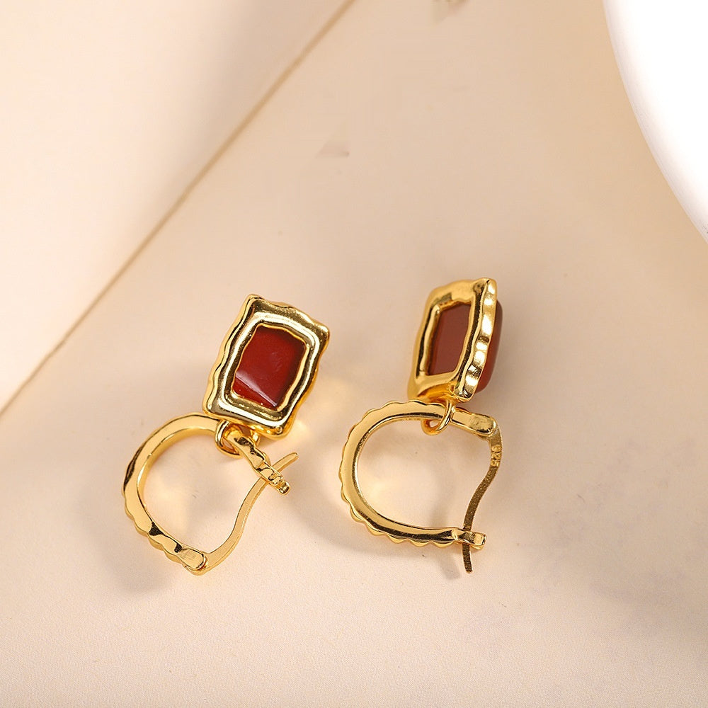 Simple Fashion Gold Plated Southern Red Agate Women's Earrings