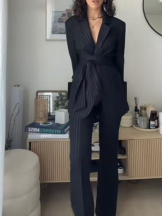 Striped Strappy Blazer & High-waisted Pants Suit